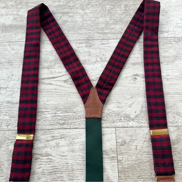Vintage RARE MENS Polo Ralph Lauren Green Red Black Suspenders Braces Brass